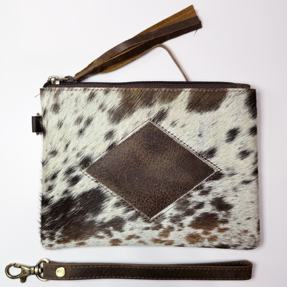 Cowhide Leather Wristlet Clutch - Brown & White Spot